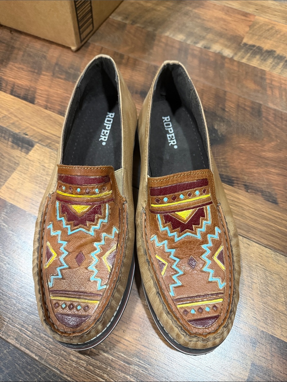 Roper Brown Leather Slip-On Loafers with Turquoise & Yellow Embroidery